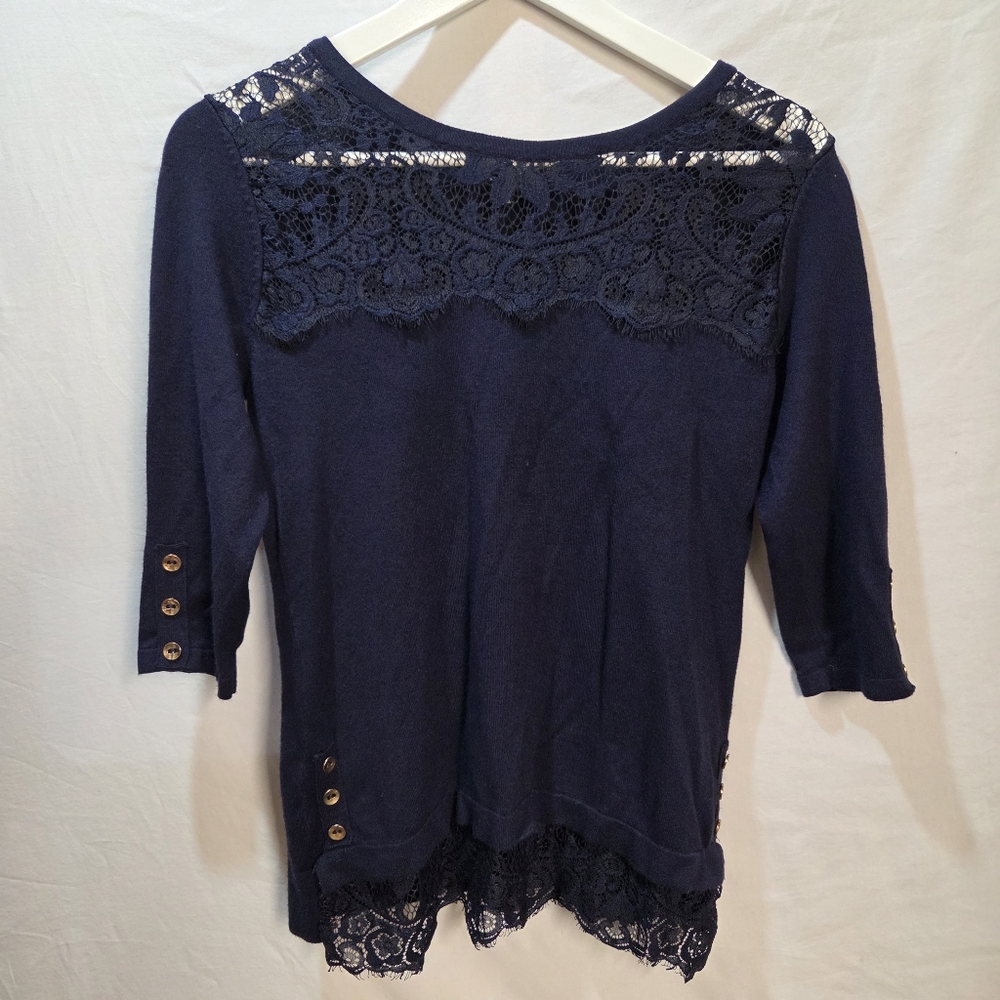 Navy Blue 3/4 Sleeve Sweater Top Lace Chest & Trim Gold-Tone Buttons Size XS